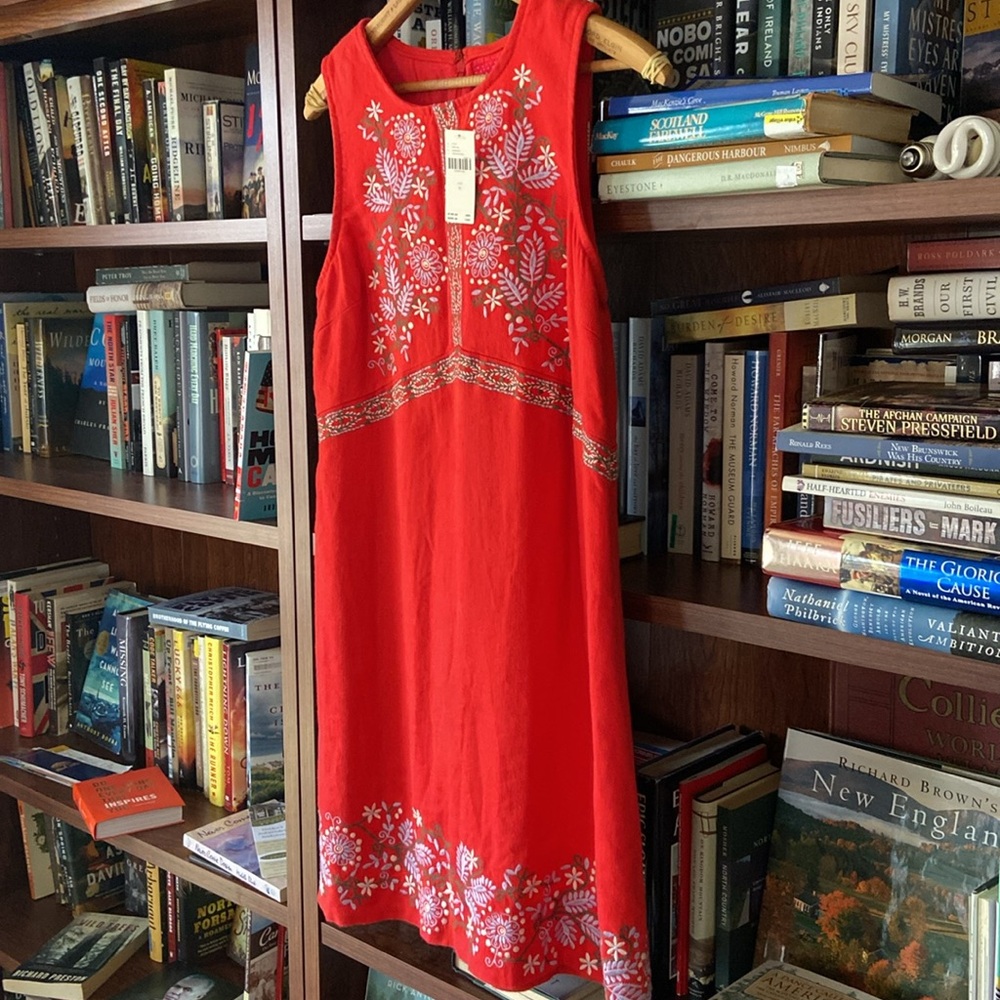 New! Anthropologie Aiko Embroidered Red Linen Blend Shift Dress Women's Size 6 - Picture 6 of 13